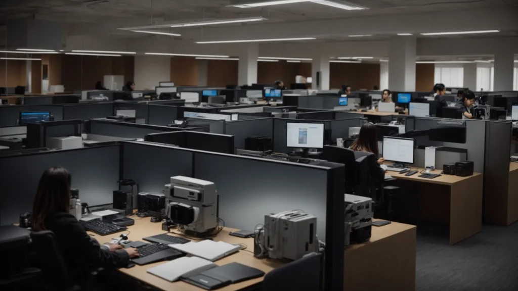 Corporate office where business professionals are at their desks using online web based fax service